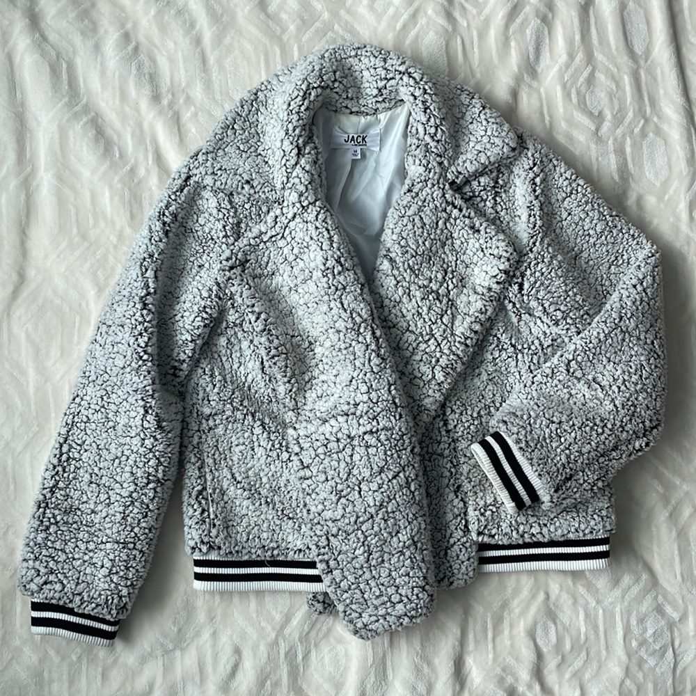 White and black fluffy Sherpa coat from Evereve.